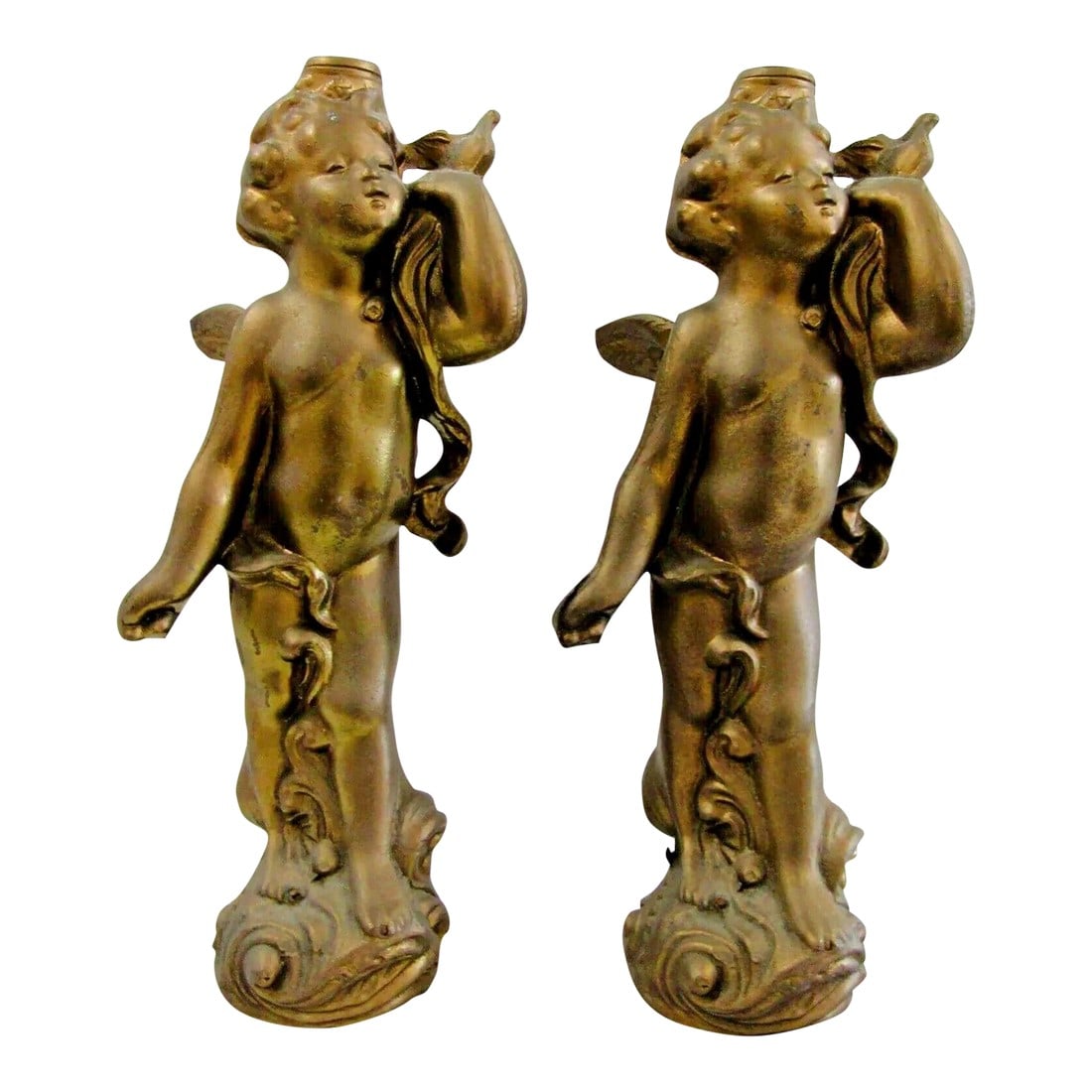 1920s Matched Pair of Antique Gold Cherub With Dove Cast Bronze Sculptures: Matched Pair of Antique Gold Cherub with Dove Cast Bronze Sculptures Each with an aged gilt finish holds a bird in one hand. Cast of bronze it brings French Rococo style with flair. From the early 190