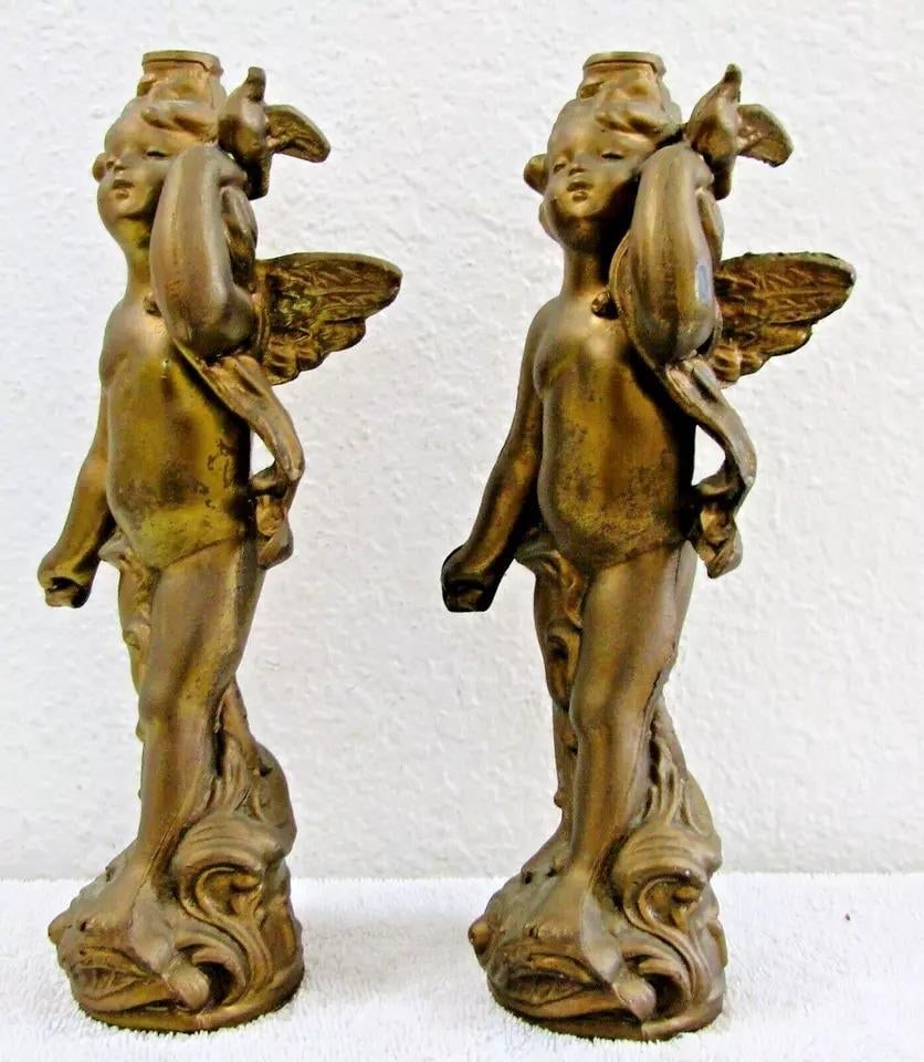 1920s Matched Pair of Antique Gold Cherub With Dove Cast Bronze Sculptures - 2