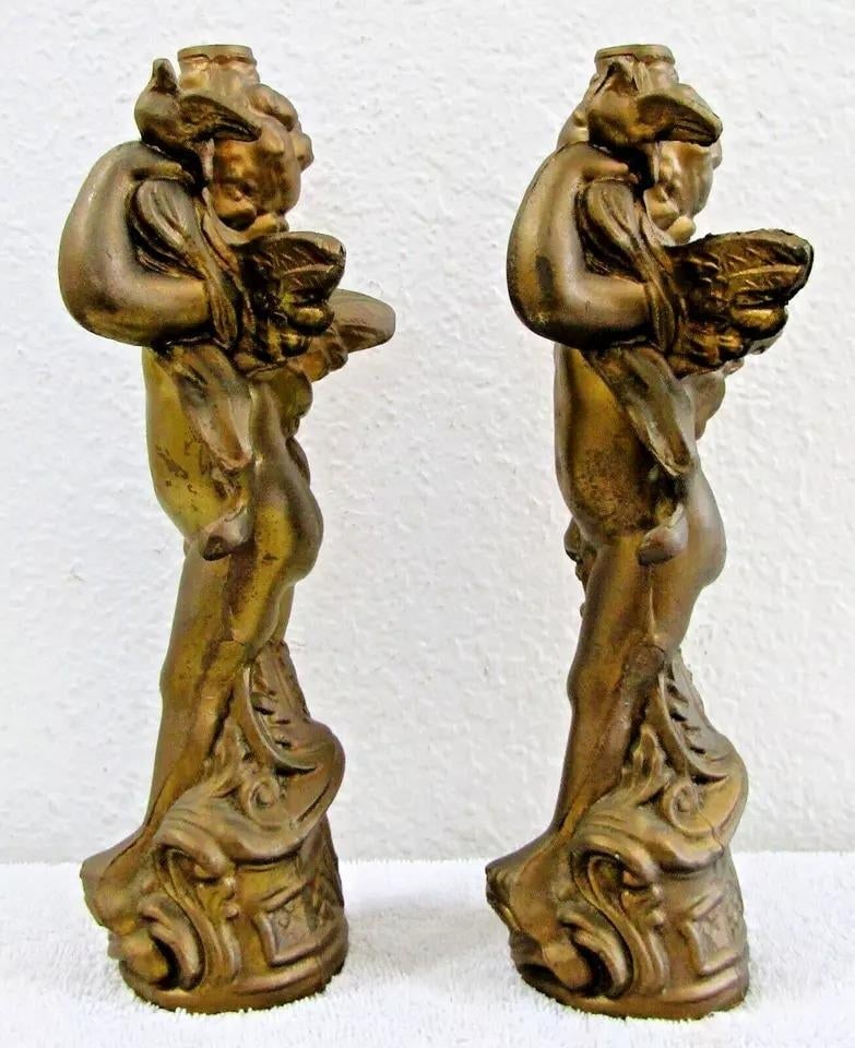 1920s Matched Pair of Antique Gold Cherub With Dove Cast Bronze Sculptures - 3