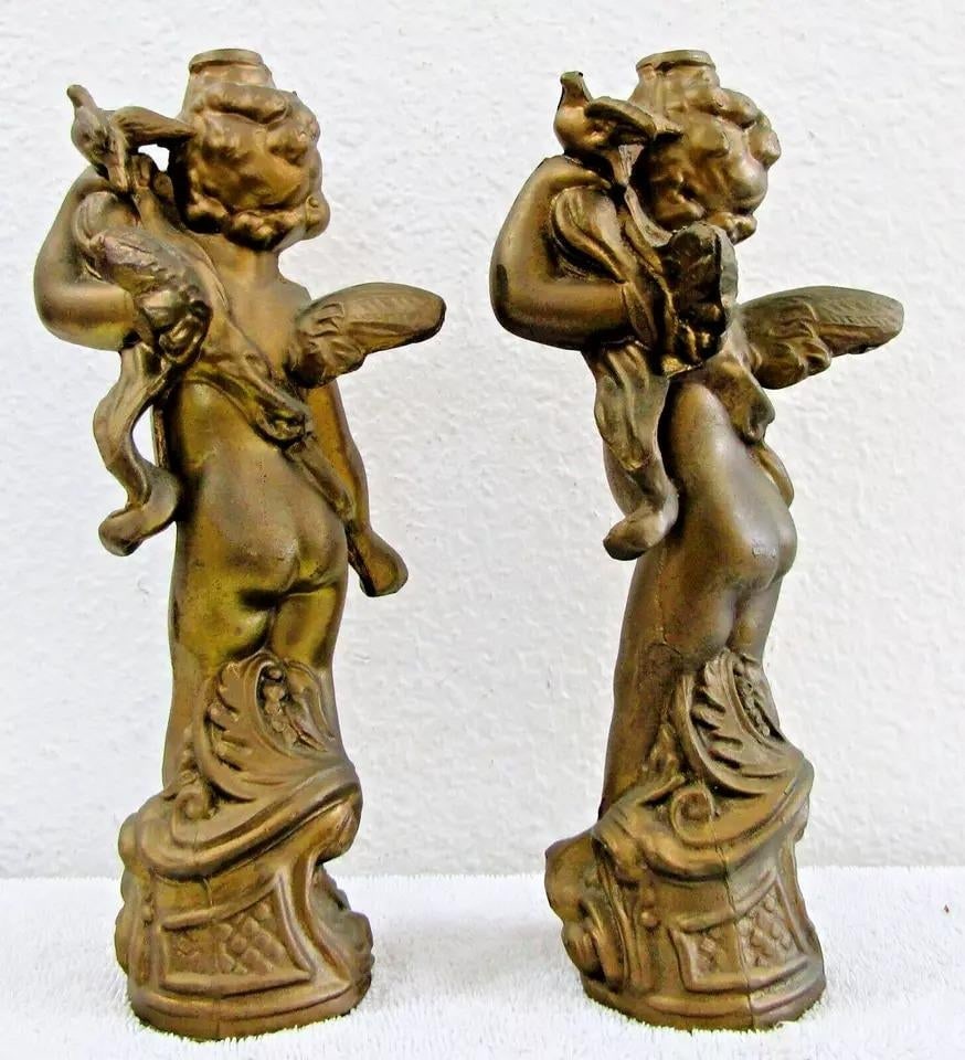 1920s Matched Pair of Antique Gold Cherub With Dove Cast Bronze Sculptures - 4