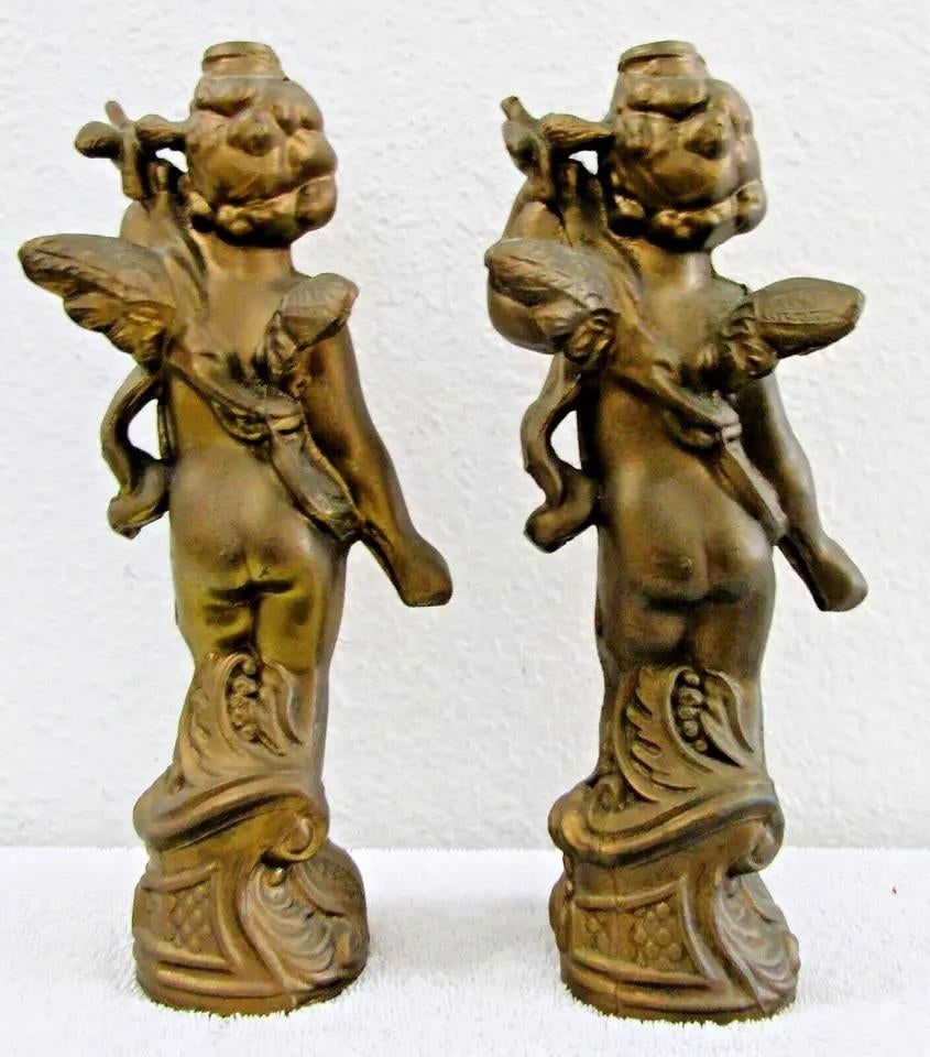 1920s Matched Pair of Antique Gold Cherub With Dove Cast Bronze Sculptures - 5