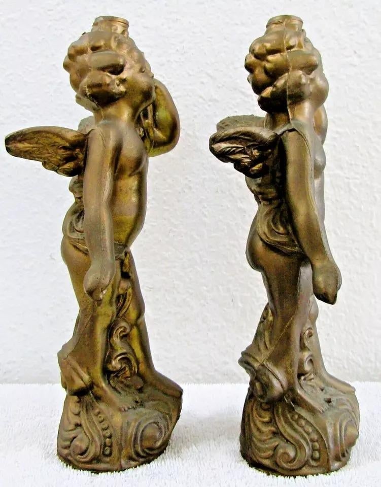 1920s Matched Pair of Antique Gold Cherub With Dove Cast Bronze Sculptures - 7