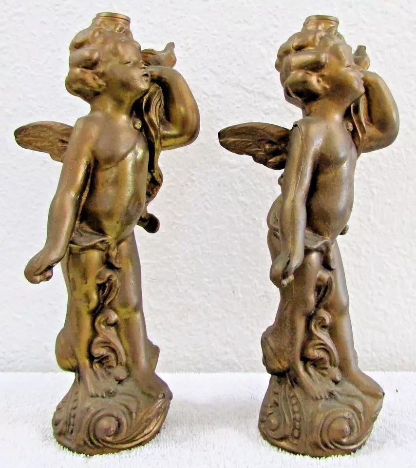 1920s Matched Pair of Antique Gold Cherub With Dove Cast Bronze Sculptures - 8
