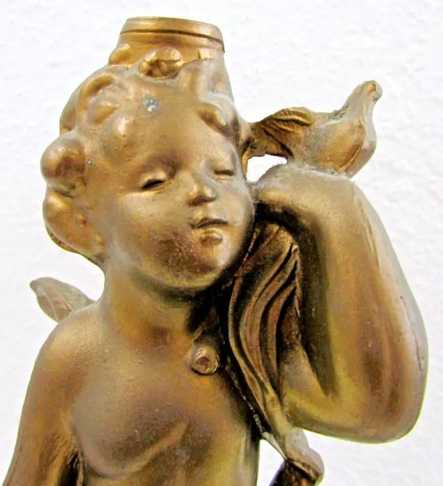 1920s Matched Pair of Antique Gold Cherub With Dove Cast Bronze Sculptures - 9