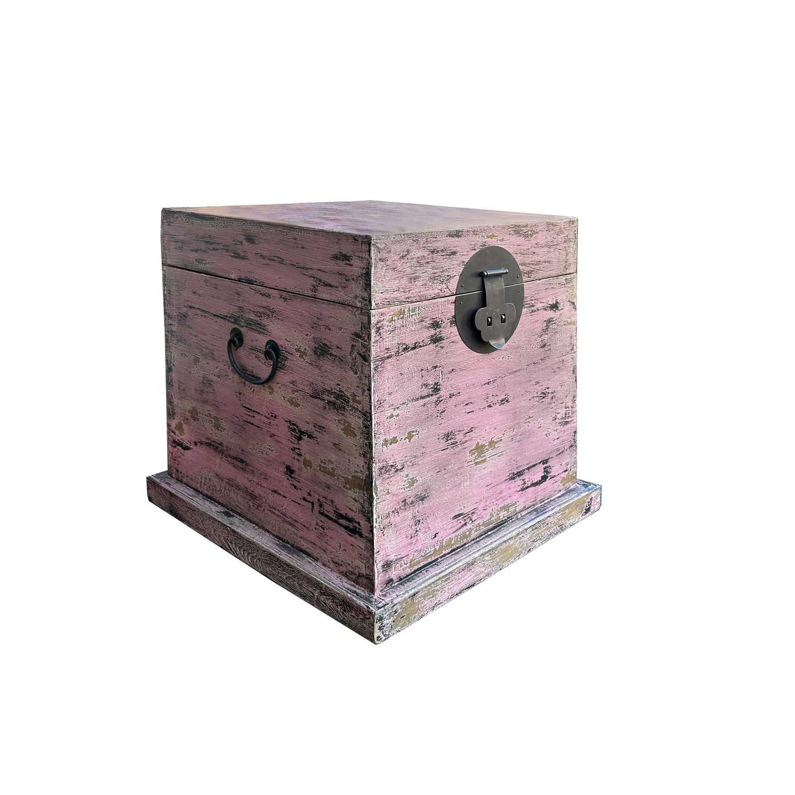 Distressed Pastel Pink Square Moon Face Wood Trunk Box - 2