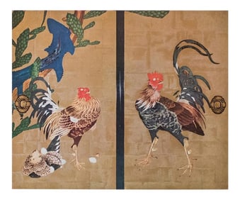 1940s Gold-Foiled "Cocks and Cactus" by Ito Jakuchu, , First Edition Swiss Lithograph