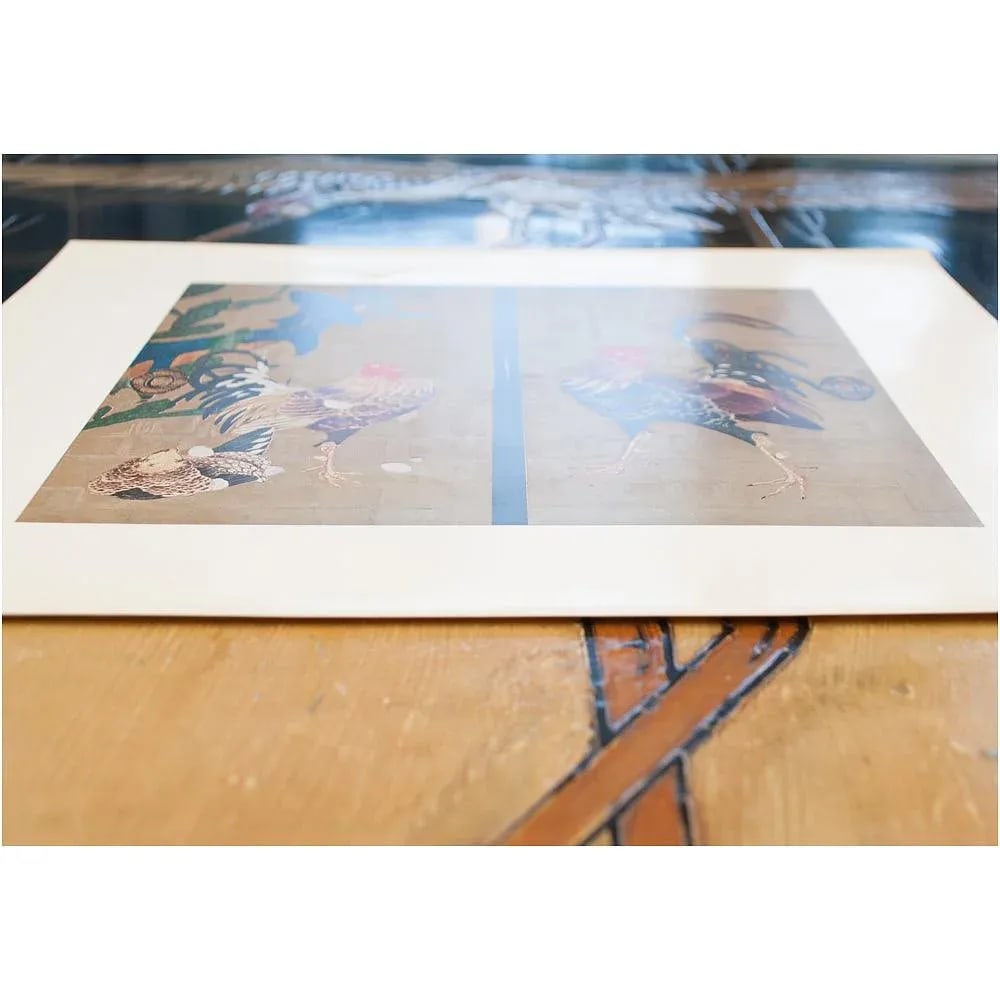 1940s Gold-Ink-Printed "Cocks and Cactus" by Ito Jakuchu, , First Edition Swiss Lithograph - 4