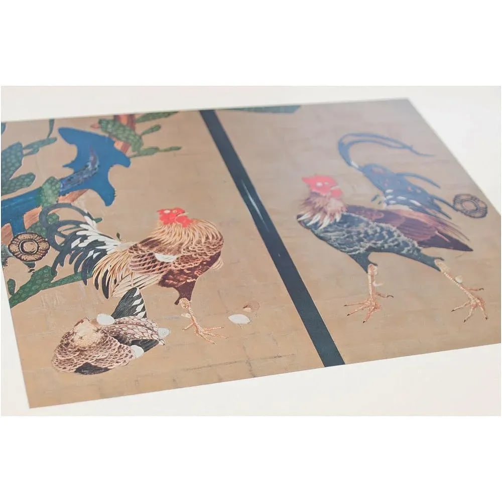 1940s Gold-Ink-Printed "Cocks and Cactus" by Ito Jakuchu, , First Edition Swiss Lithograph - 5
