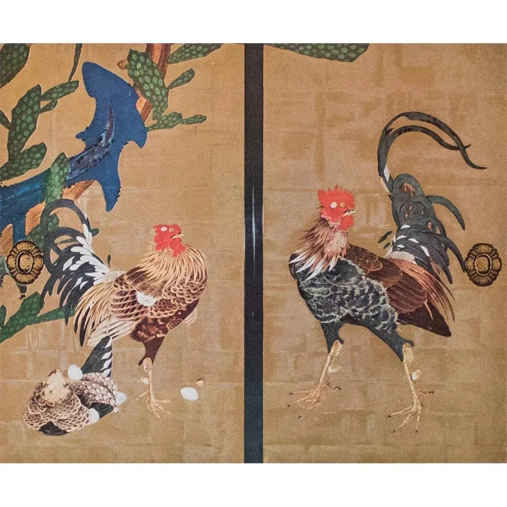 1940s Gold-Ink-Printed "Cocks and Cactus" by Ito Jakuchu, , First Edition Swiss Lithograph - 9