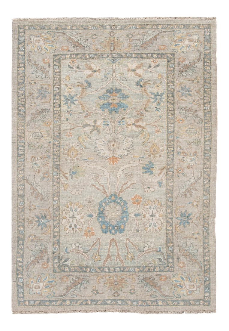 21st Century Modern Sultanabad Wool Rug: Beautiful Contemporary Sultanabad Rug, hand-knotted wool with a light gray field, slim blue frame, brown, blue and ivory accents in allover classic floral design. This rug measures 6' 5" x 9' 