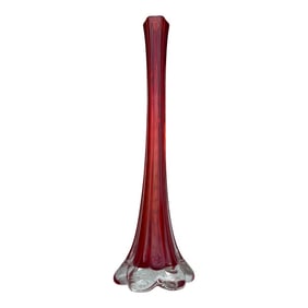 Mid Century Tall Red Glass Bud Vase With Clear Elepant Foot