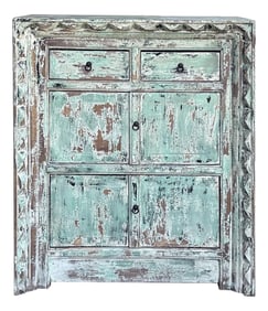 Distressed Soft Turquoise Green Geometric Edge Credenza Storage Cabinet