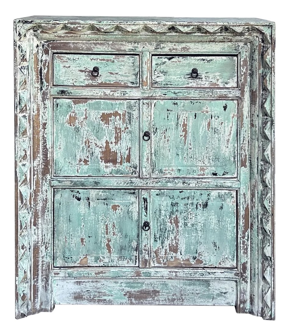 Distressed Soft Turquoise Green Geometric Edge Credenza Storage Cabinet (1 of 6)