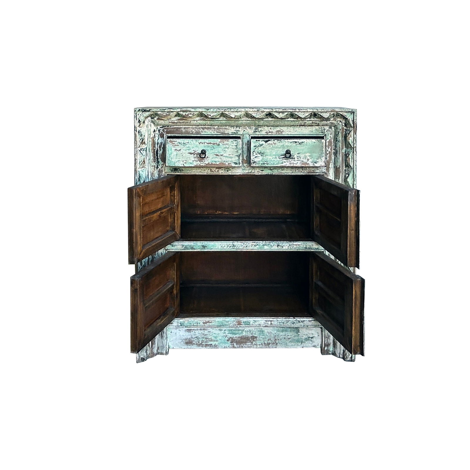 Distressed Soft Turquoise Green Geometric Edge Credenza Storage Cabinet - 2