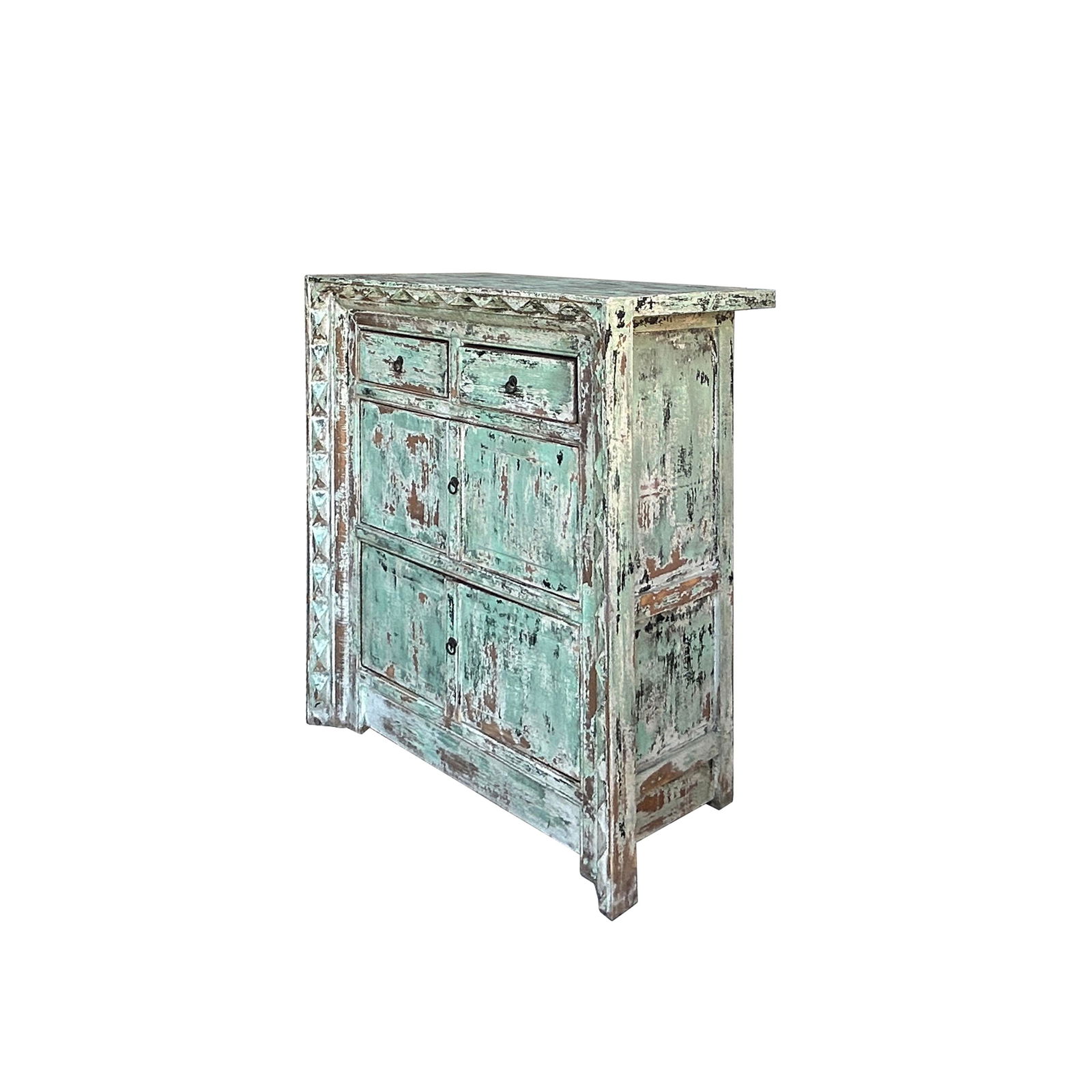 Distressed Soft Turquoise Green Geometric Edge Credenza Storage Cabinet - 3
