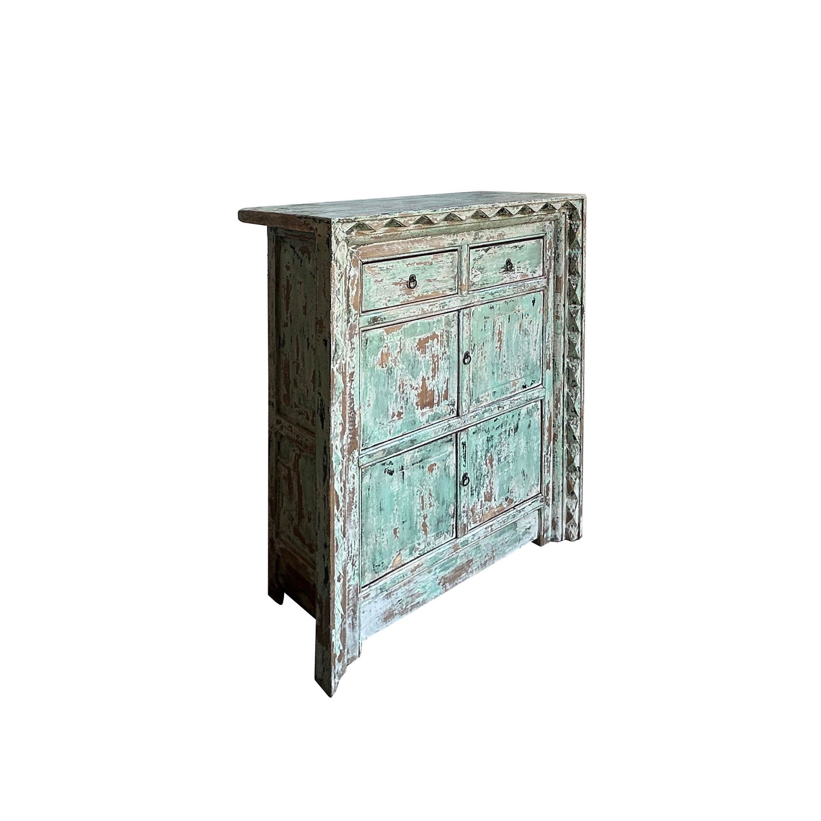 Distressed Soft Turquoise Green Geometric Edge Credenza Storage Cabinet - 4