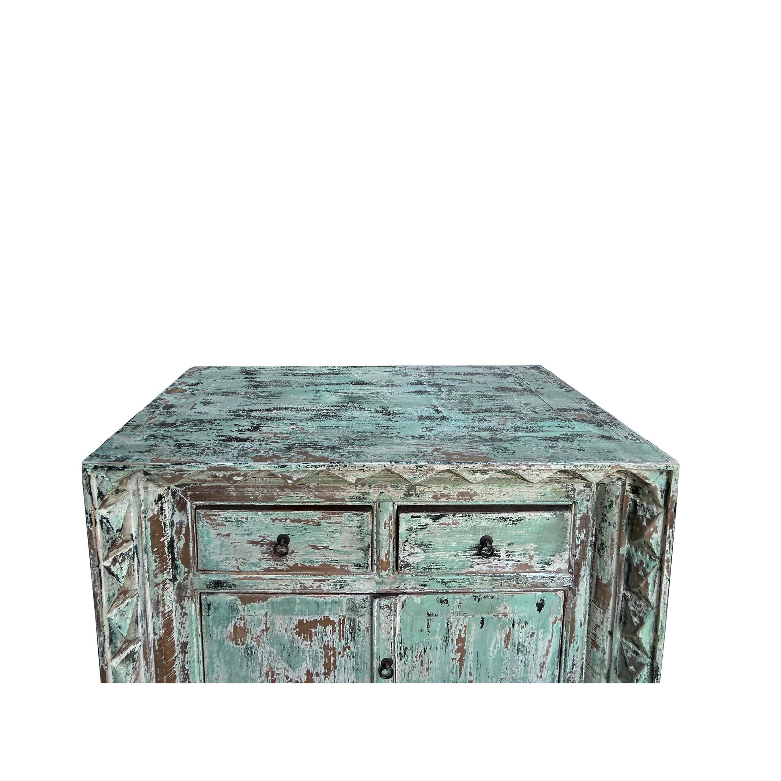 Distressed Soft Turquoise Green Geometric Edge Credenza Storage Cabinet - 5