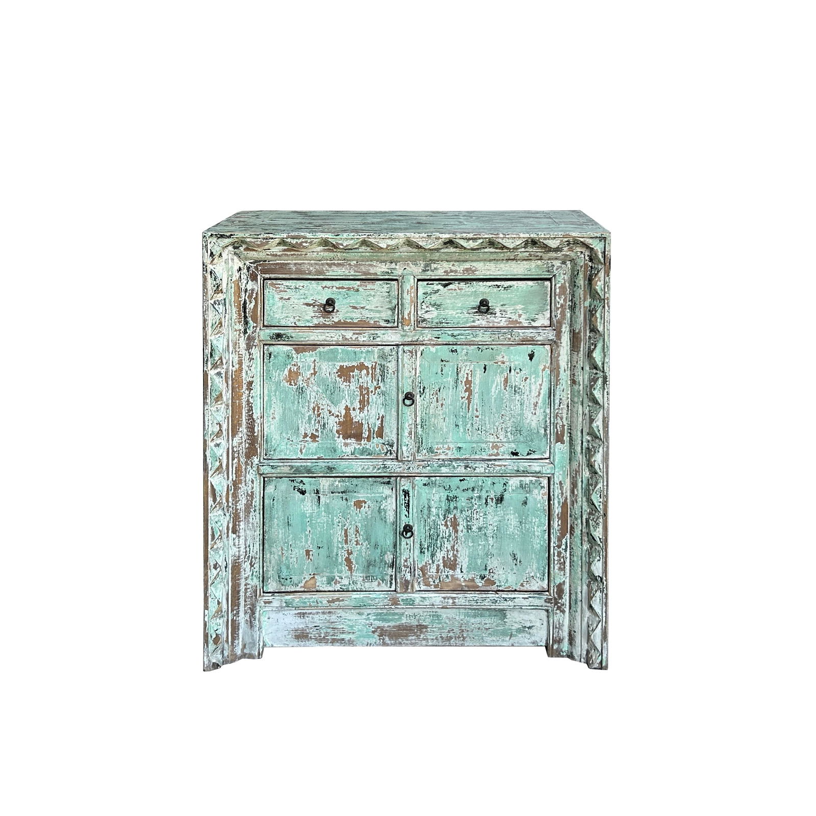Distressed Soft Turquoise Green Geometric Edge Credenza Storage Cabinet - 6