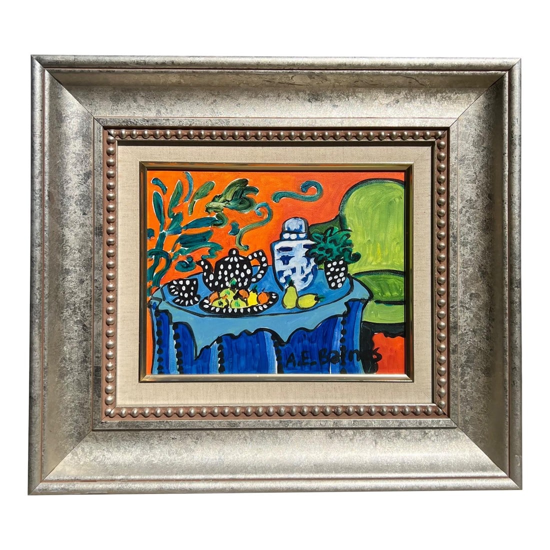 A. E. Barnes Original Still Life of Table Setting, Signed & Framed: A. E. Barnes, known as Ellie, is a distinguished artist renowned for her vibrant and colorful still lifes. Influenced by the Fauvist movement, her paintings capture the beauty of everyday objects