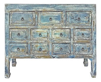 Distressed Turquoise Blue Stone Top 11 Drawers Credenza Sideboard Cabinet