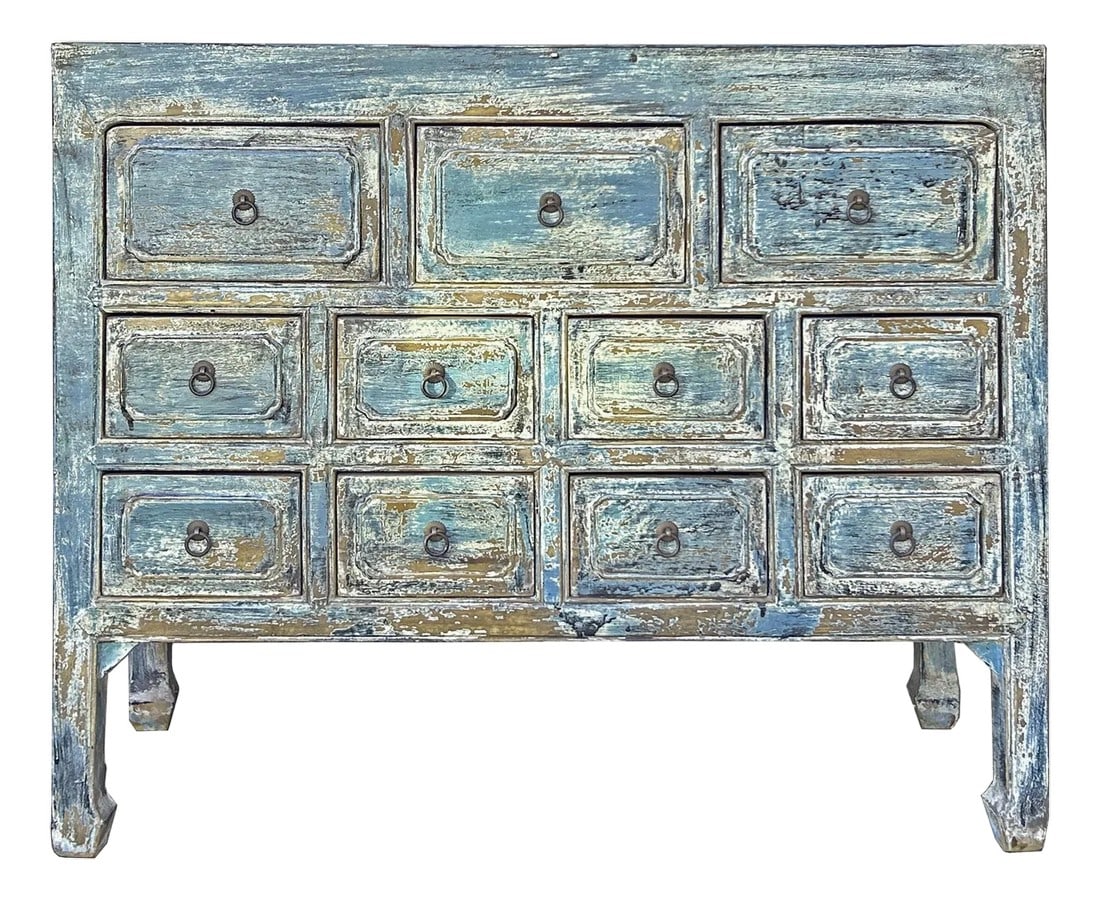 Distressed Turquoise Blue Stone Top 11 Drawers Credenza Sideboard Cabinet: This is a striking antique-style cabinet, radiating rustic charm with its distressed turquoise blue finish. The cabinet features a wide, rectangular shape with a solid frame, supported by four short,