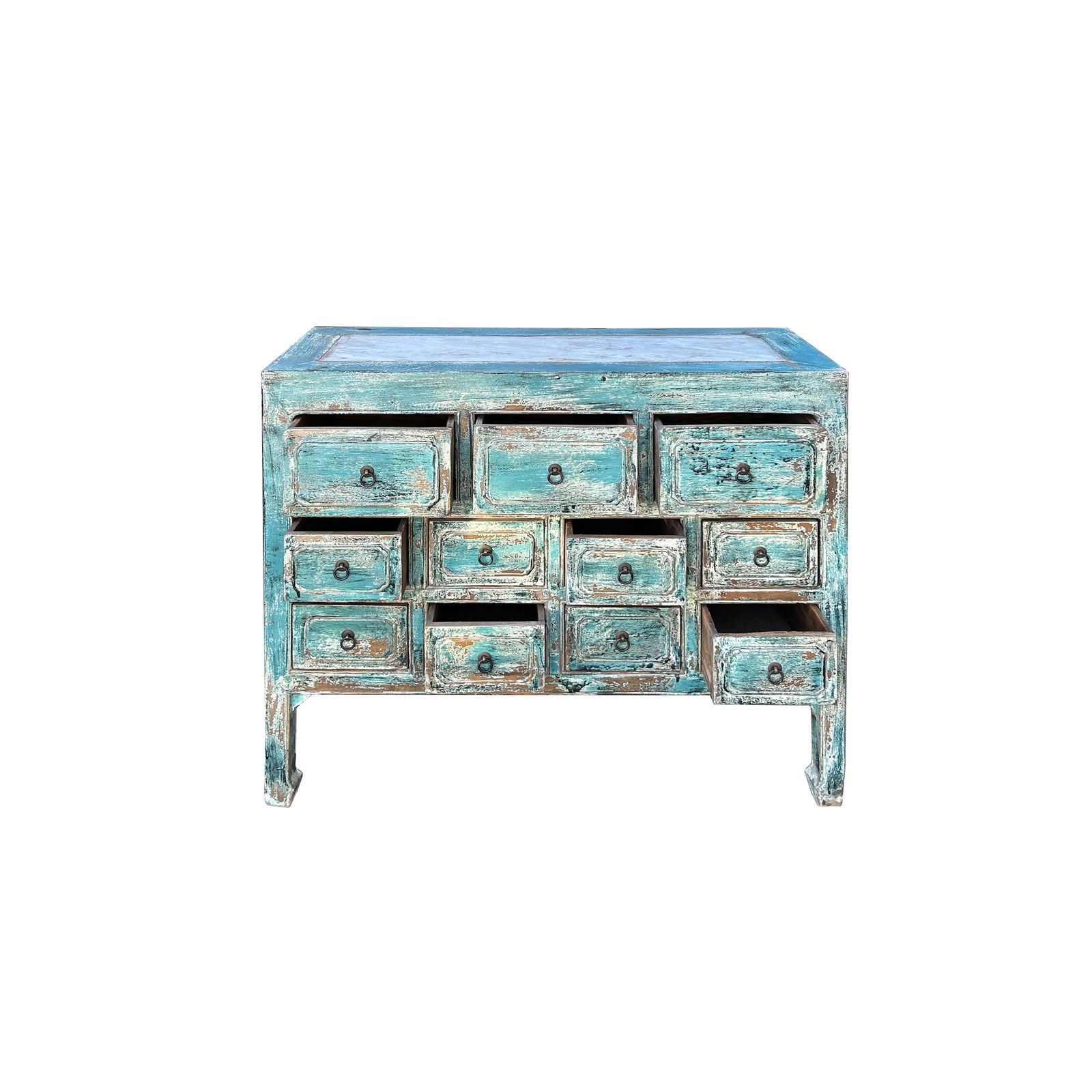Distressed Turquoise Blue Stone Top 11 Drawers Credenza Sideboard Cabinet - 2