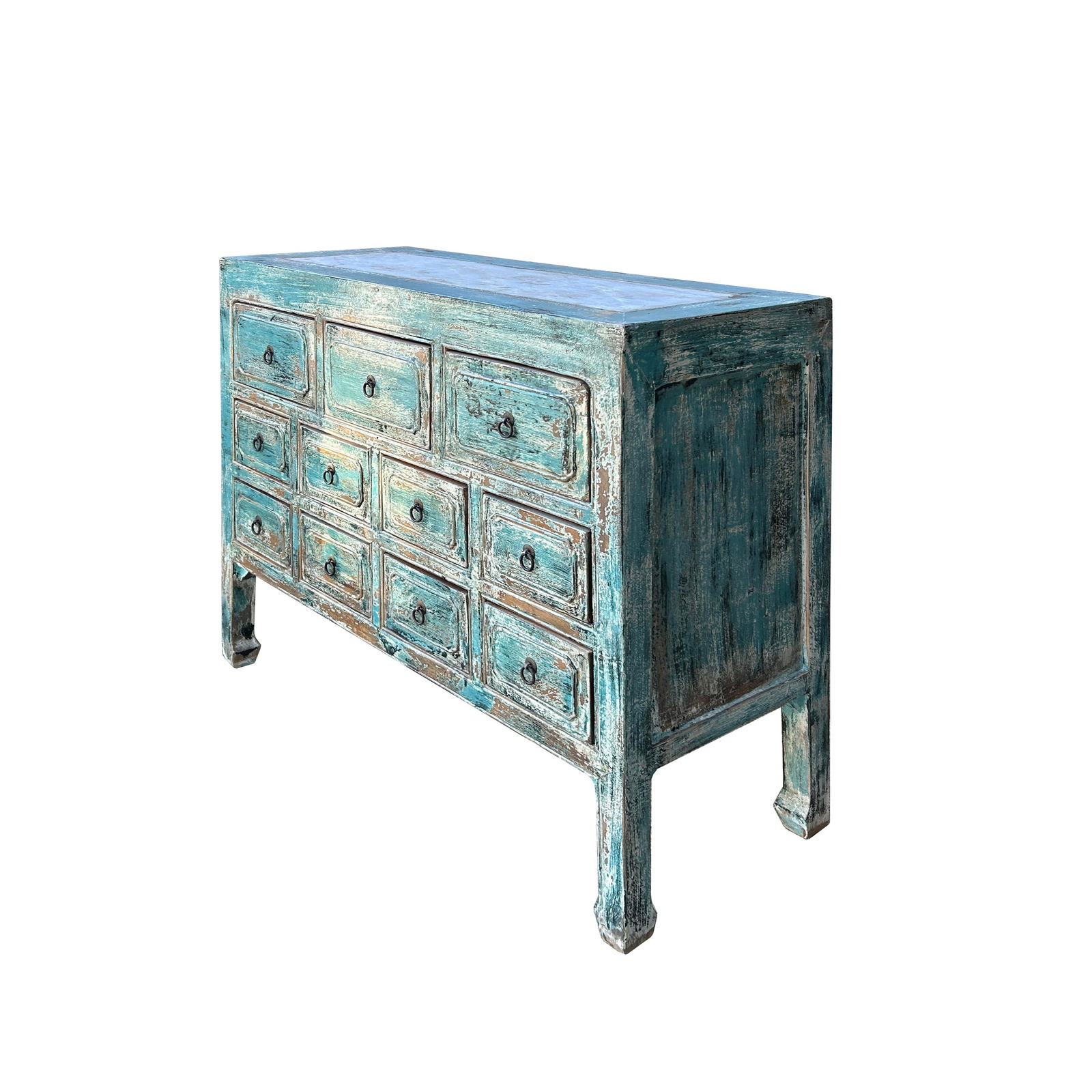 Distressed Turquoise Blue Stone Top 11 Drawers Credenza Sideboard Cabinet - 3
