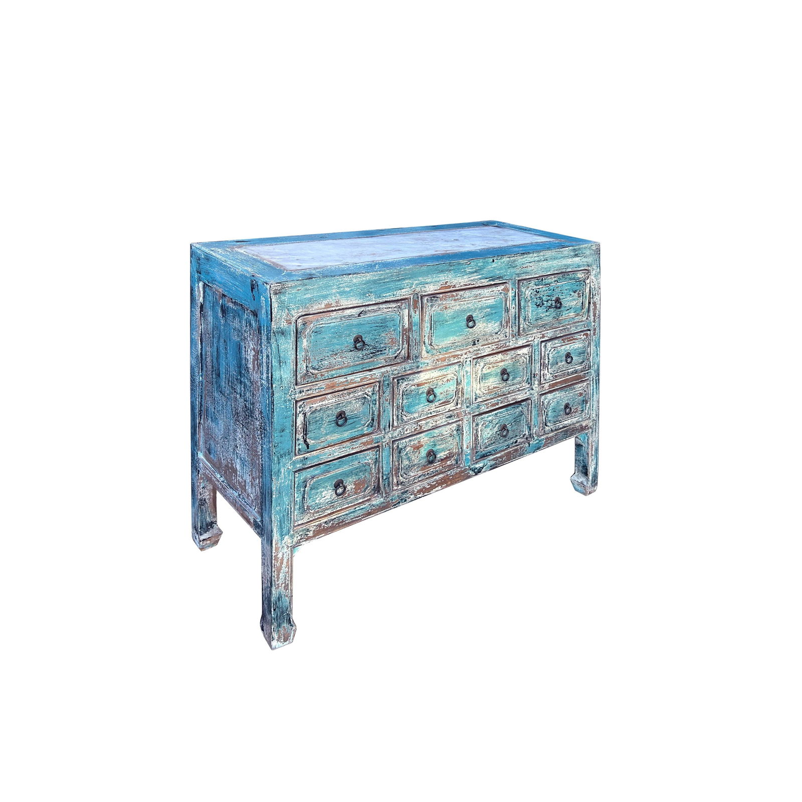Distressed Turquoise Blue Stone Top 11 Drawers Credenza Sideboard Cabinet - 4