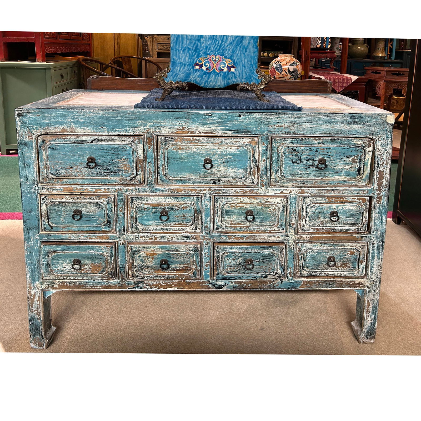 Distressed Turquoise Blue Stone Top 11 Drawers Credenza Sideboard Cabinet - 5
