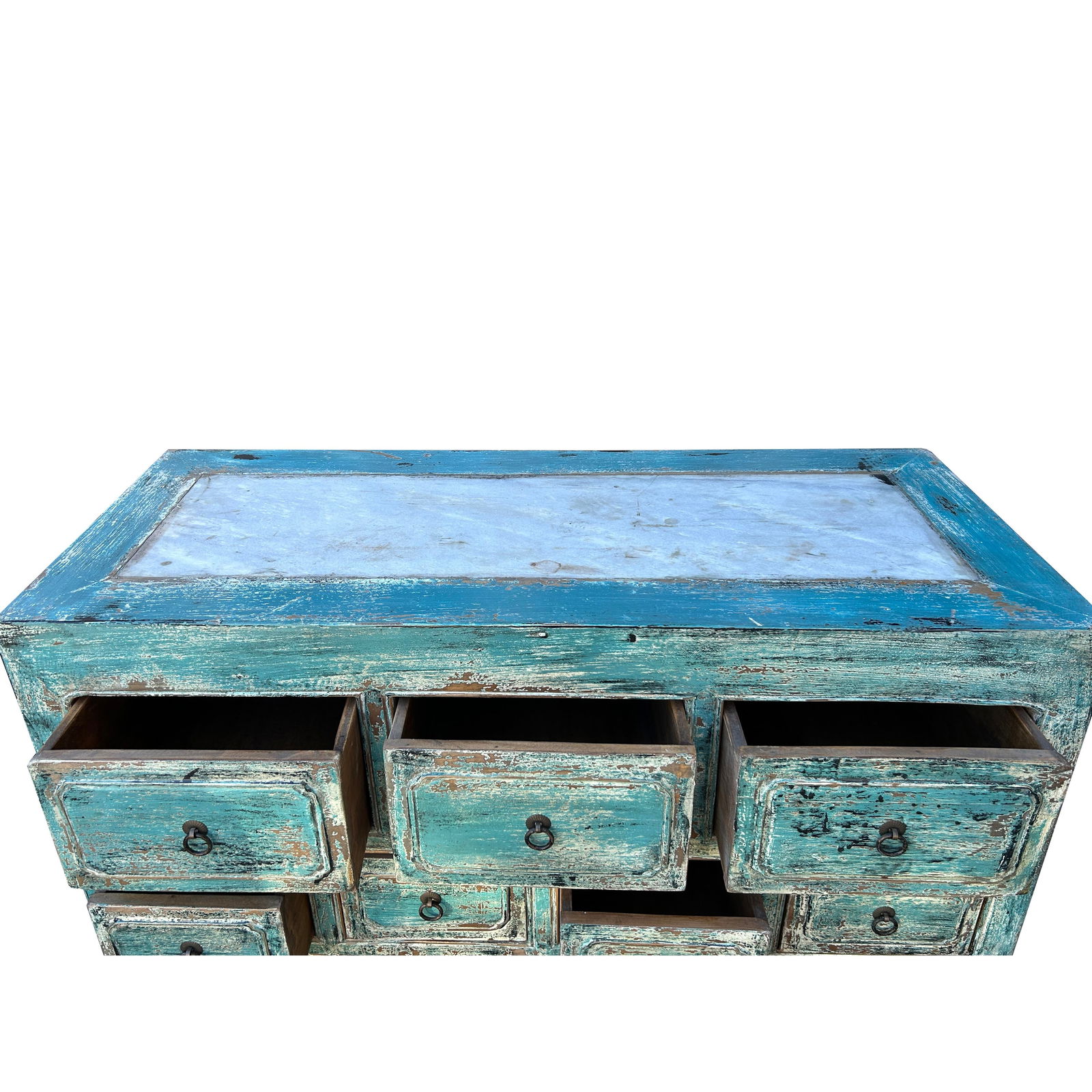 Distressed Turquoise Blue Stone Top 11 Drawers Credenza Sideboard Cabinet - 6