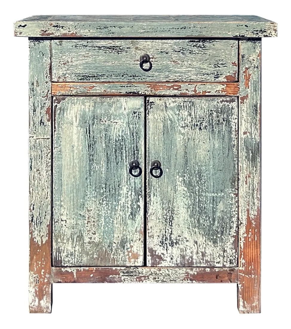 Distressed Pale Teal Gray Natural Wood End Table Nightstand: This is a rustic, distressed wooden cabinet with a weathered, vintage charm. The cabinet features a faded, chipped paint finish in a muted blue-gray hue, revealing layers of underlying wood tones and
