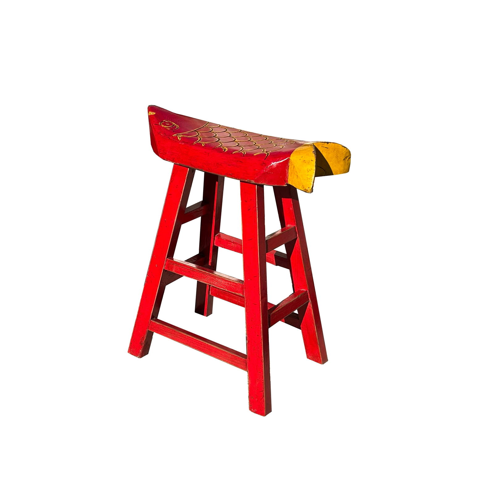 Sharp Red Yellow Fish Shape Seat Top Wood Tall Bench Stool - 2