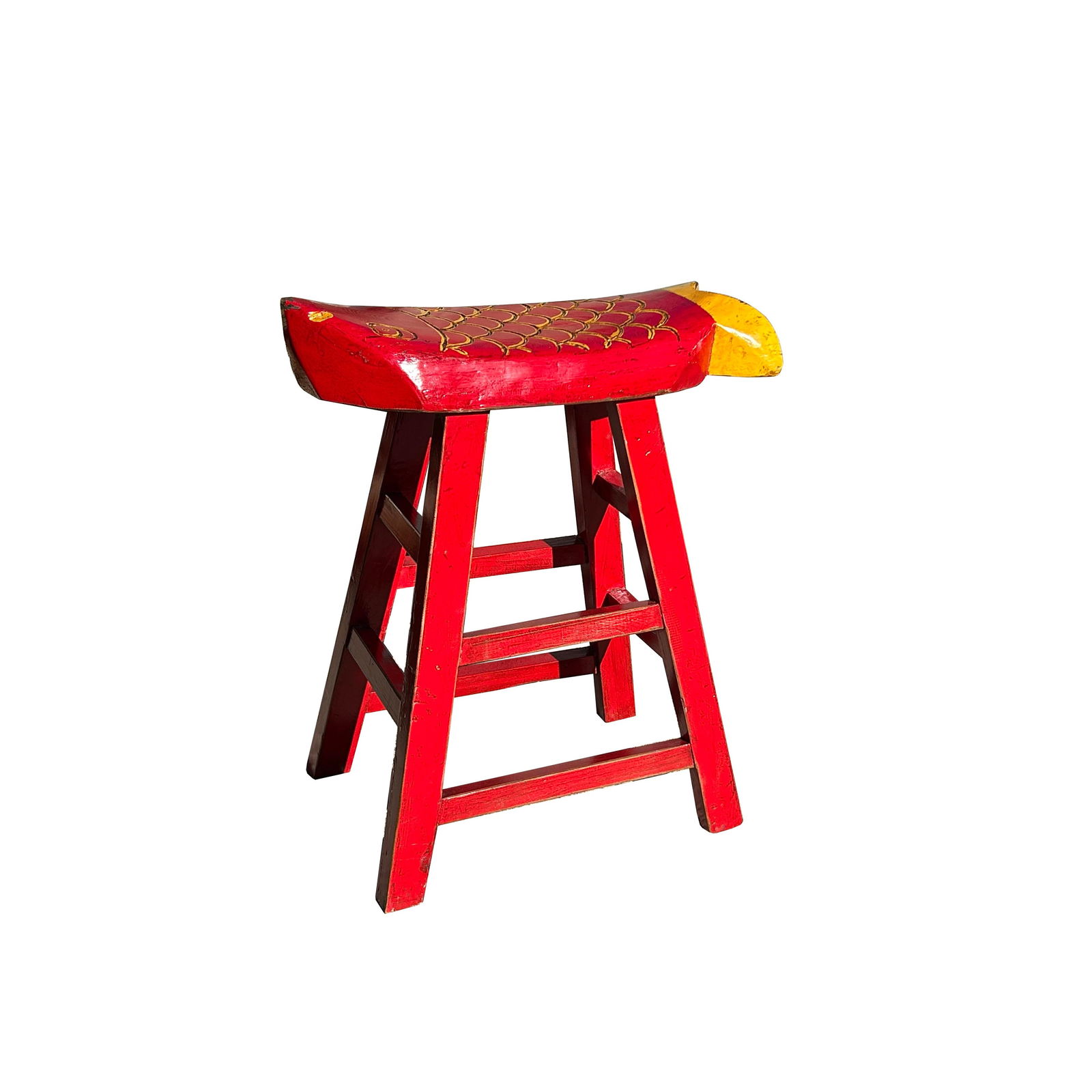 Sharp Red Yellow Fish Shape Seat Top Wood Tall Bench Stool - 3