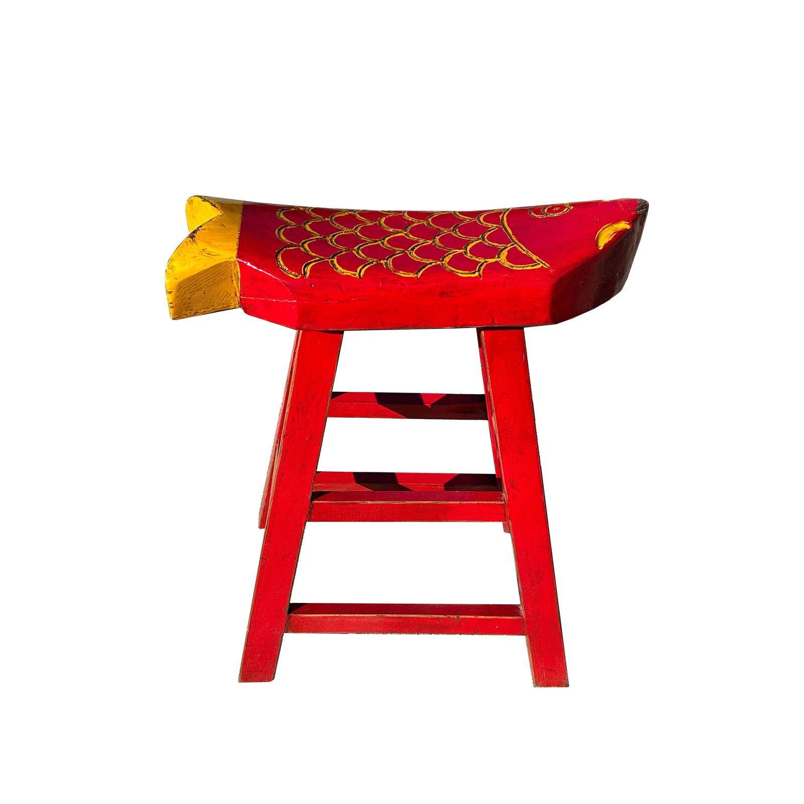 Sharp Red Yellow Fish Shape Seat Top Wood Tall Bench Stool - 4