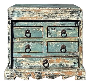 14" Distressed Faded Aqua Blue Small 5 Drawers Storage Chest Box