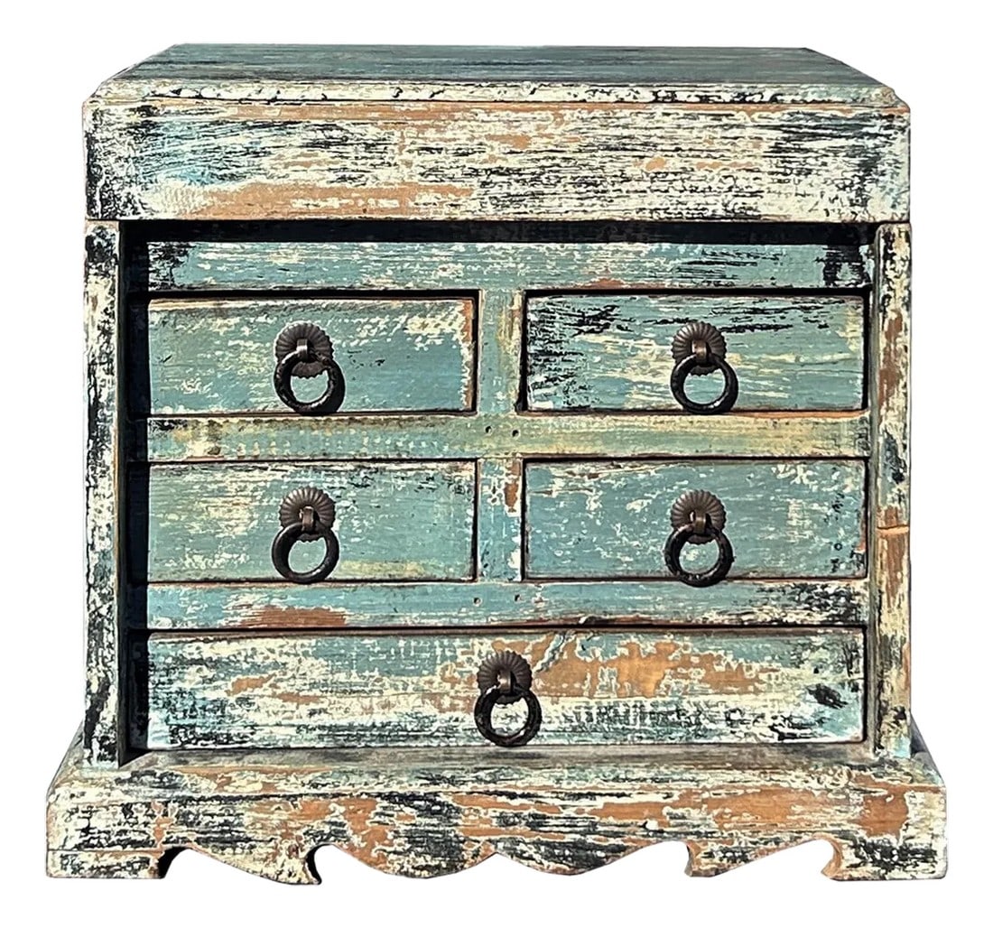14" Distressed Faded Aqua Blue Small 5 Drawers Storage Chest Box (1 of 5)