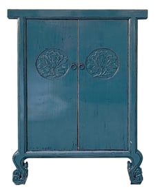Distressed Teal Blue Lotus Carving Tall Credenza Storage Cabinet
