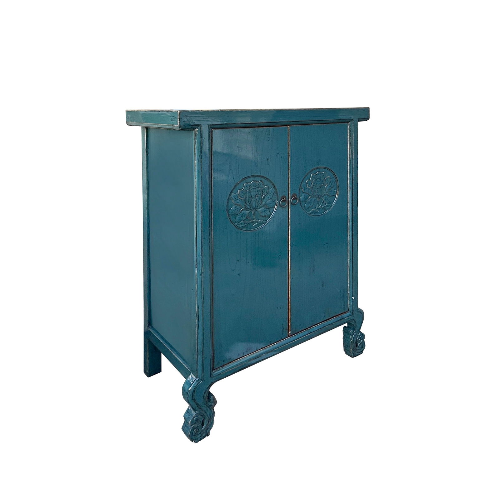 Distressed Teal Blue Lotus Carving Tall Credenza Storage Cabinet - 2