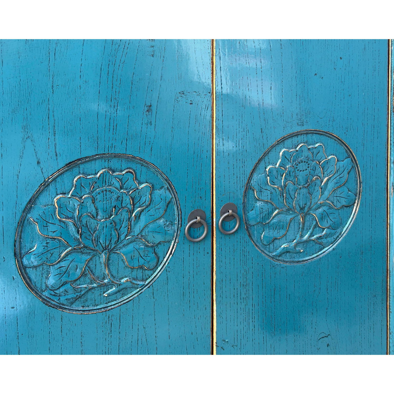 Distressed Teal Blue Lotus Carving Tall Credenza Storage Cabinet - 5