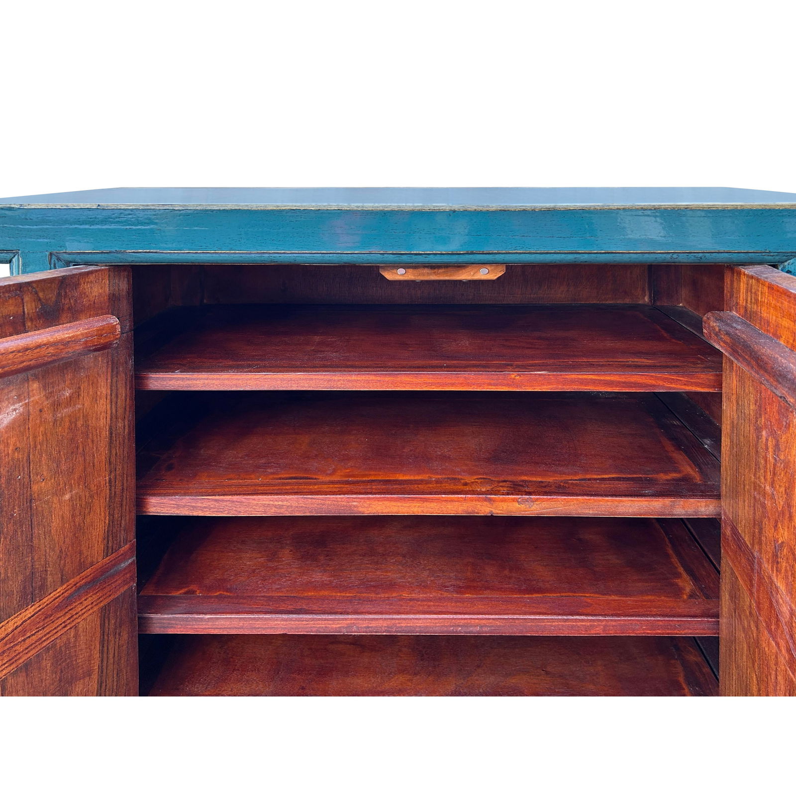 Distressed Teal Blue Lotus Carving Tall Credenza Storage Cabinet - 6