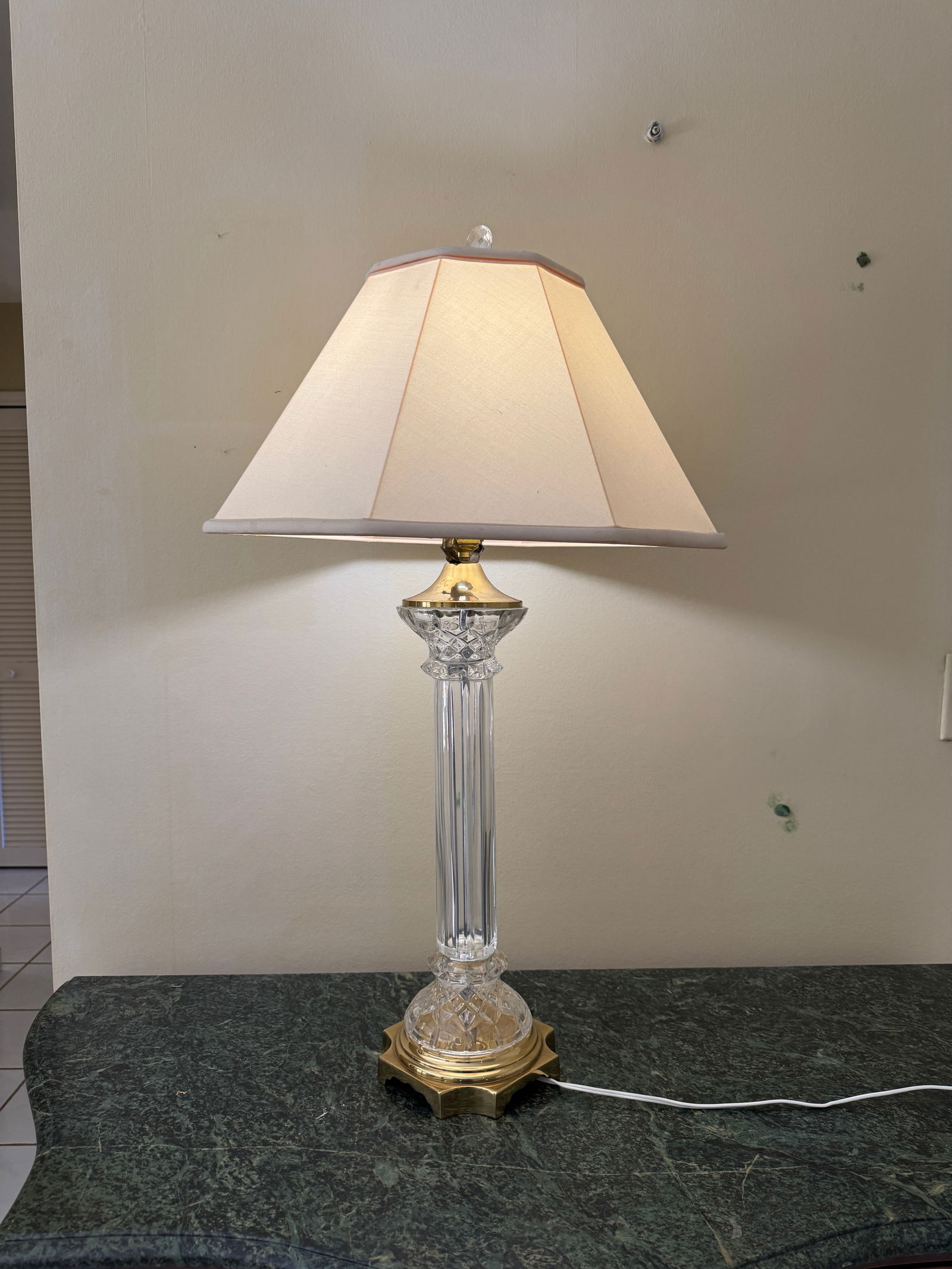 Mid Century Column Crystal Glass Lamp With Brass Base and Creamy White Lamp Shade - 2