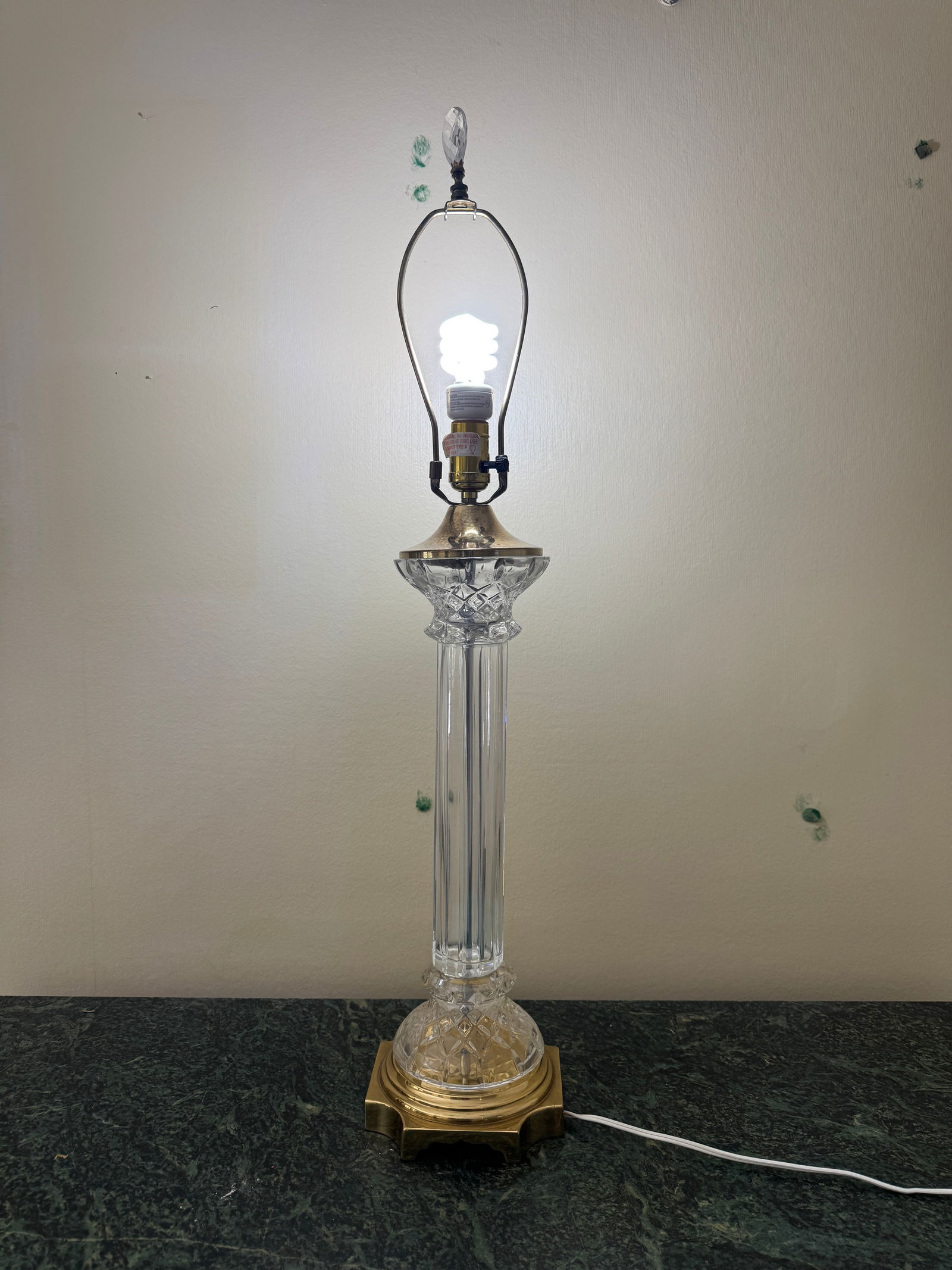 Mid Century Column Crystal Glass Lamp With Brass Base and Creamy White Lamp Shade - 3