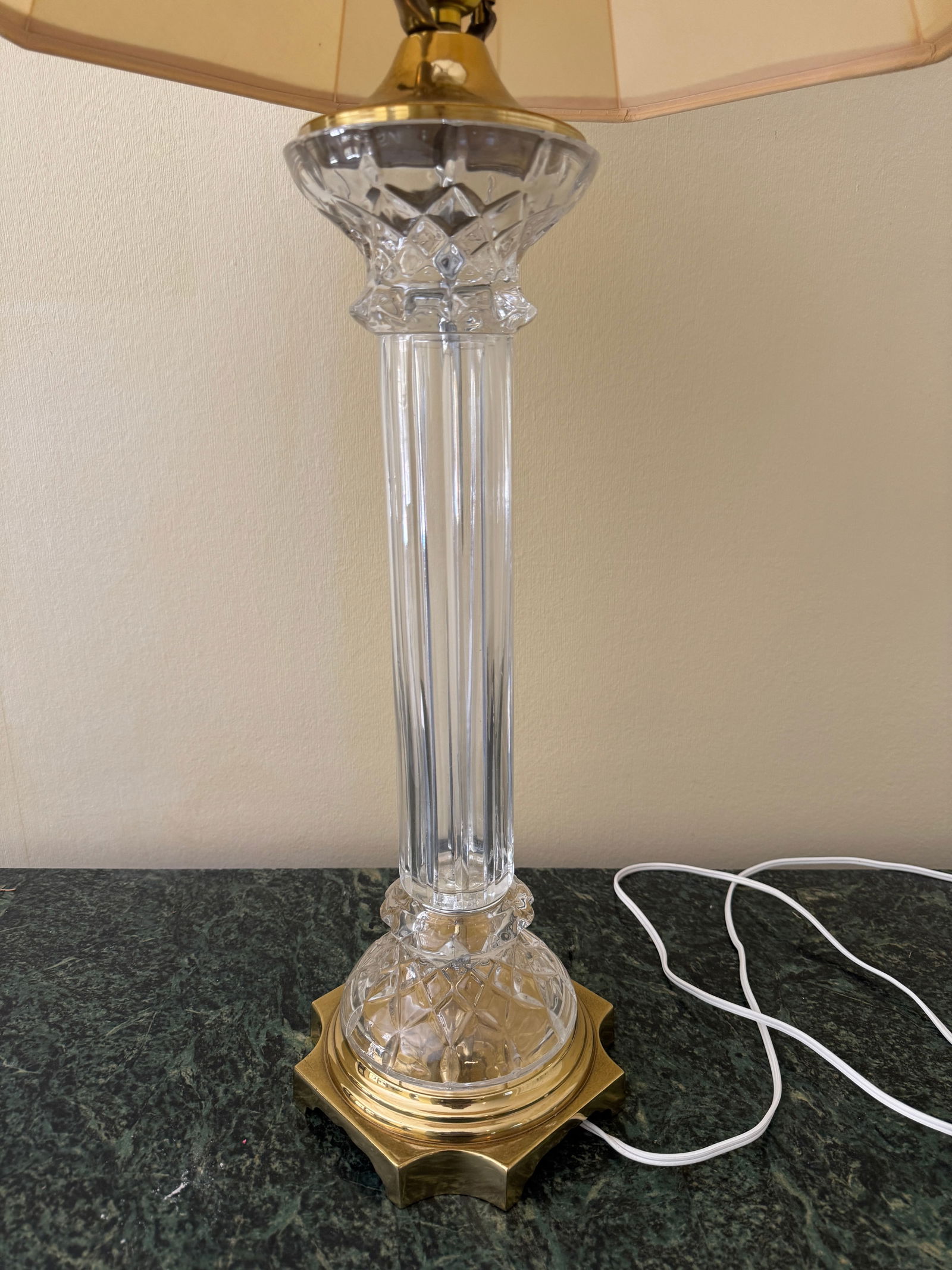 Mid Century Column Crystal Glass Lamp With Brass Base and Creamy White Lamp Shade - 4
