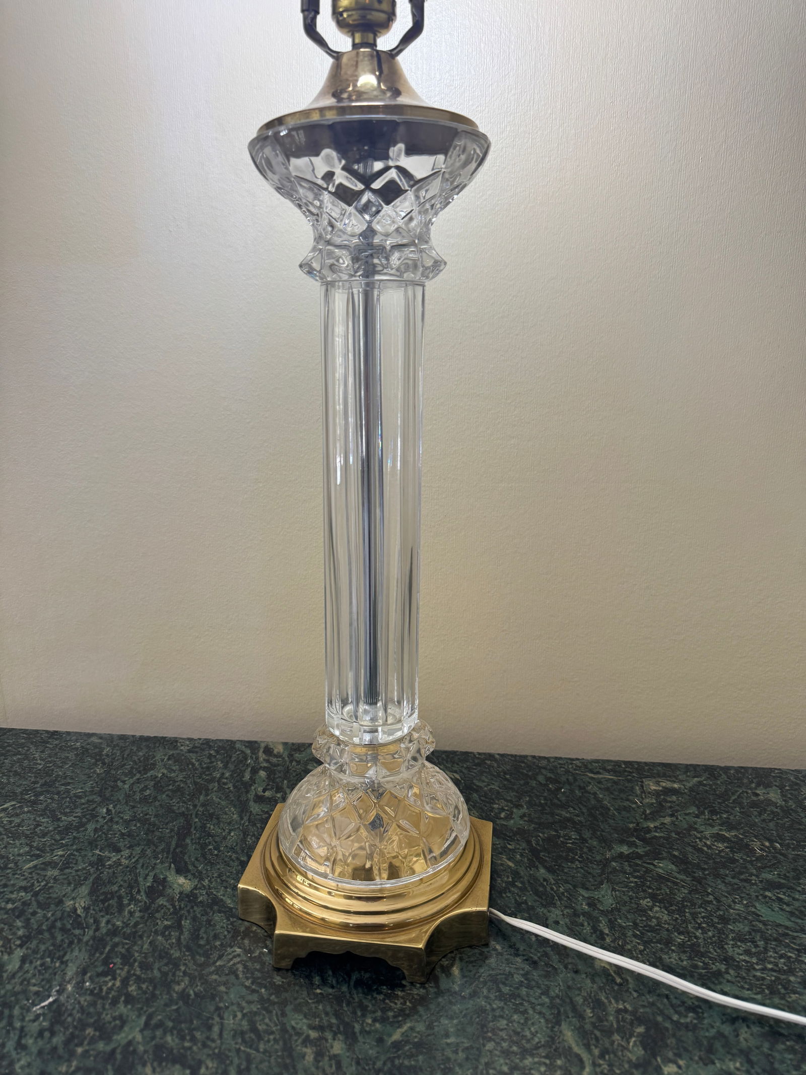 Mid Century Column Crystal Glass Lamp With Brass Base and Creamy White Lamp Shade - 5