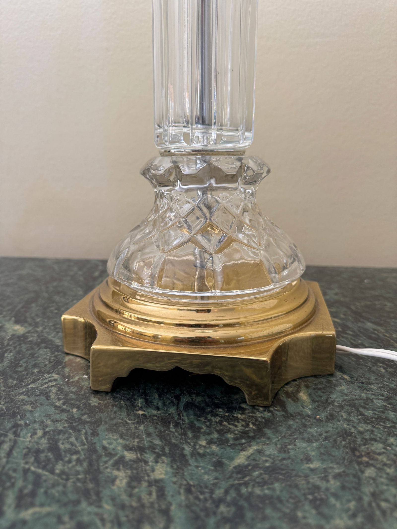 Mid Century Column Crystal Glass Lamp With Brass Base and Creamy White Lamp Shade - 6
