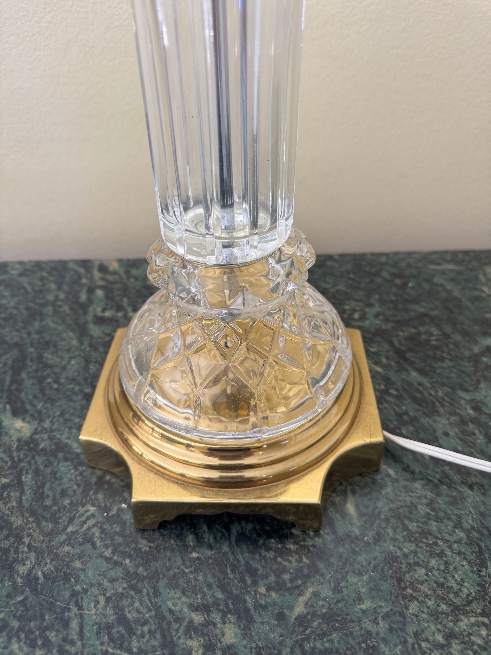 Mid Century Column Crystal Glass Lamp With Brass Base and Creamy White Lamp Shade - 7