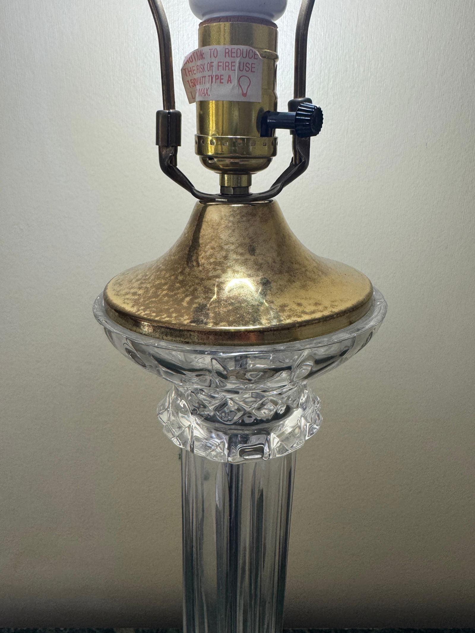 Mid Century Column Crystal Glass Lamp With Brass Base and Creamy White Lamp Shade - 8