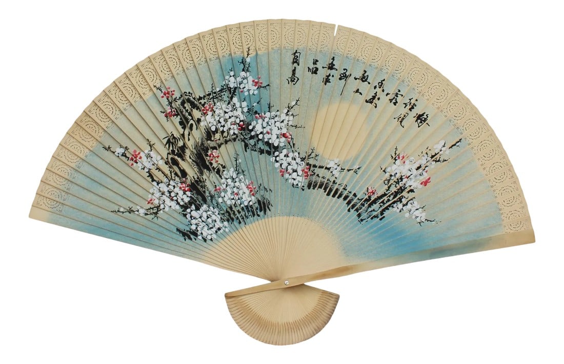Chinese Handmade Fan Shape Flower Theme Wood Painting: This is a Chinese handmade fan shape wood painting with a white-pink blossom flower plant theme. Dimensions: open w60.5" x h38" Origin: China Material: Paper, Wood Condition: Handmade, natural wood