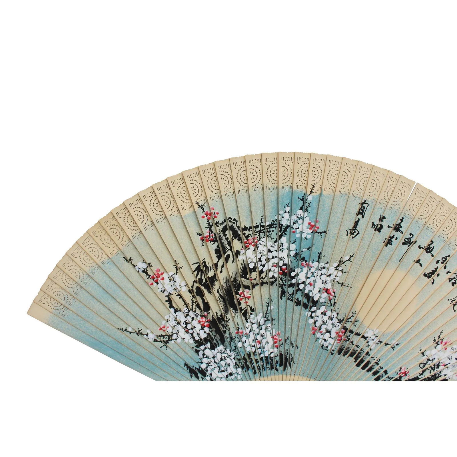 Chinese Handmade Fan Shape Flower Theme Wood Painting - 2