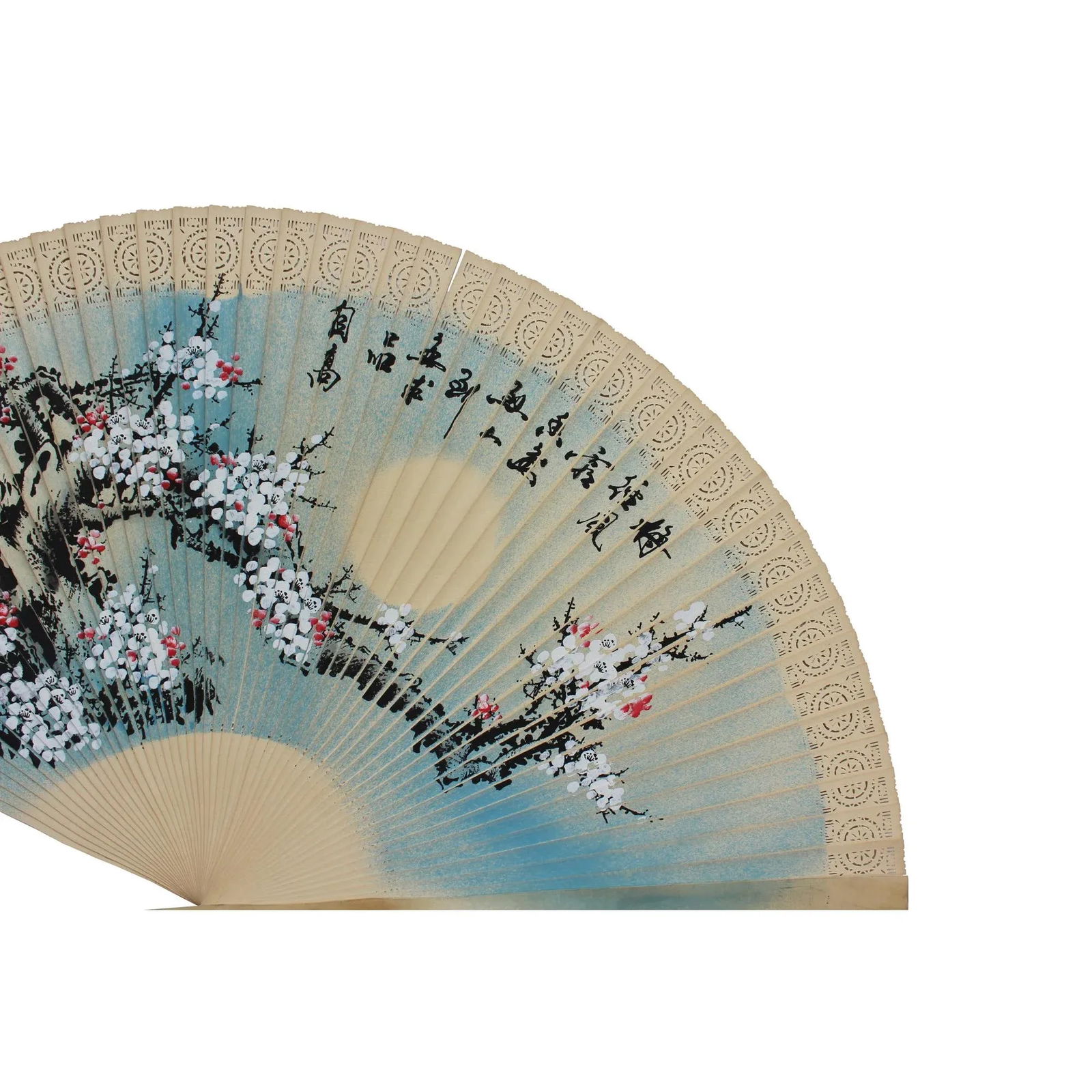 Chinese Handmade Fan Shape Flower Theme Wood Painting - 3